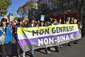 Protestors holding the sign "My gender is non-binary"