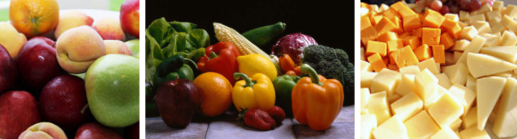 3 photographs show examples of whole foods that are sources of naturally-occurring sugar. From left to right: mixed fruit, mixed vegetables, and a pile of cubes and wedges of cheese