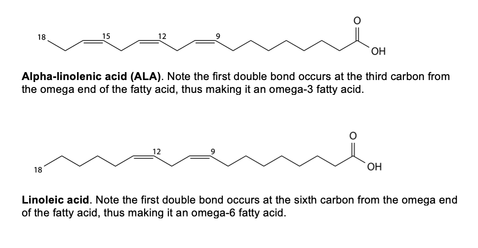 The chemical structure of the essential fatty acids shown in shorthand, without individual carbon and hydrogen atoms marked.