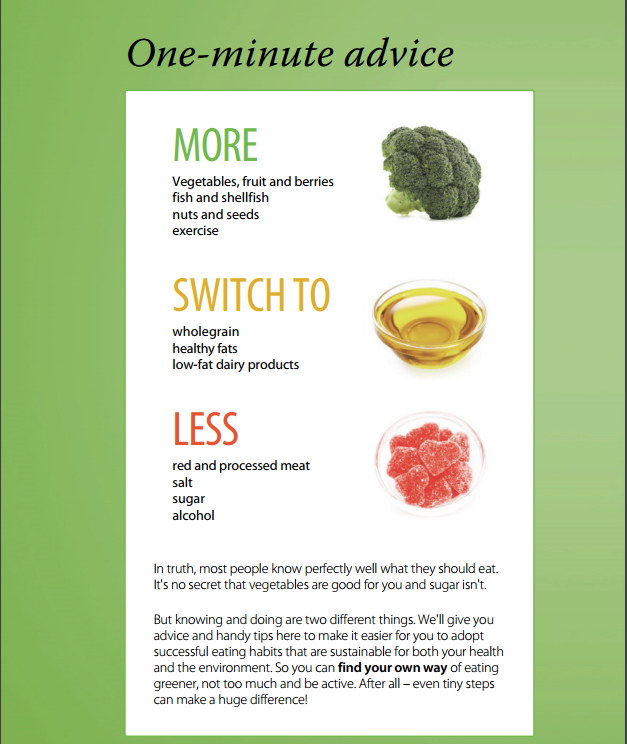 A snapshot of Sweedens' dietary guidelines are shown, titled, "One-minute advice." In green it is stated to eat MORE vegetables, fruit and berries, fish, shellfish, nuts and seeds and exercise. Below that in yellow it states to SWITCH TO whole grain, healthy fats, and low-fat dairy products. Then in red it states in red, LESS red and processed meat, salt, sugar and alcohol.