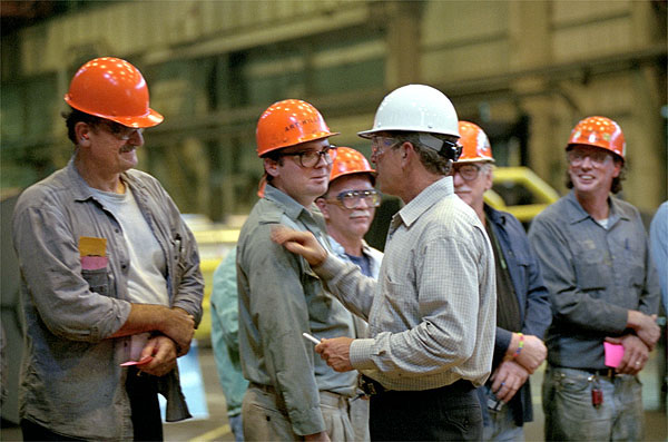 President George Bush speaking with Steelworkers