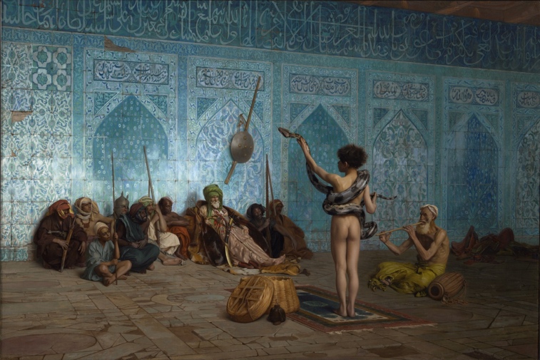 Painting of snake charmer performing for an audience