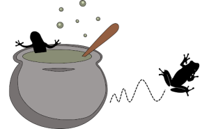 One frog stuck in a pot and the other frog bouncing away