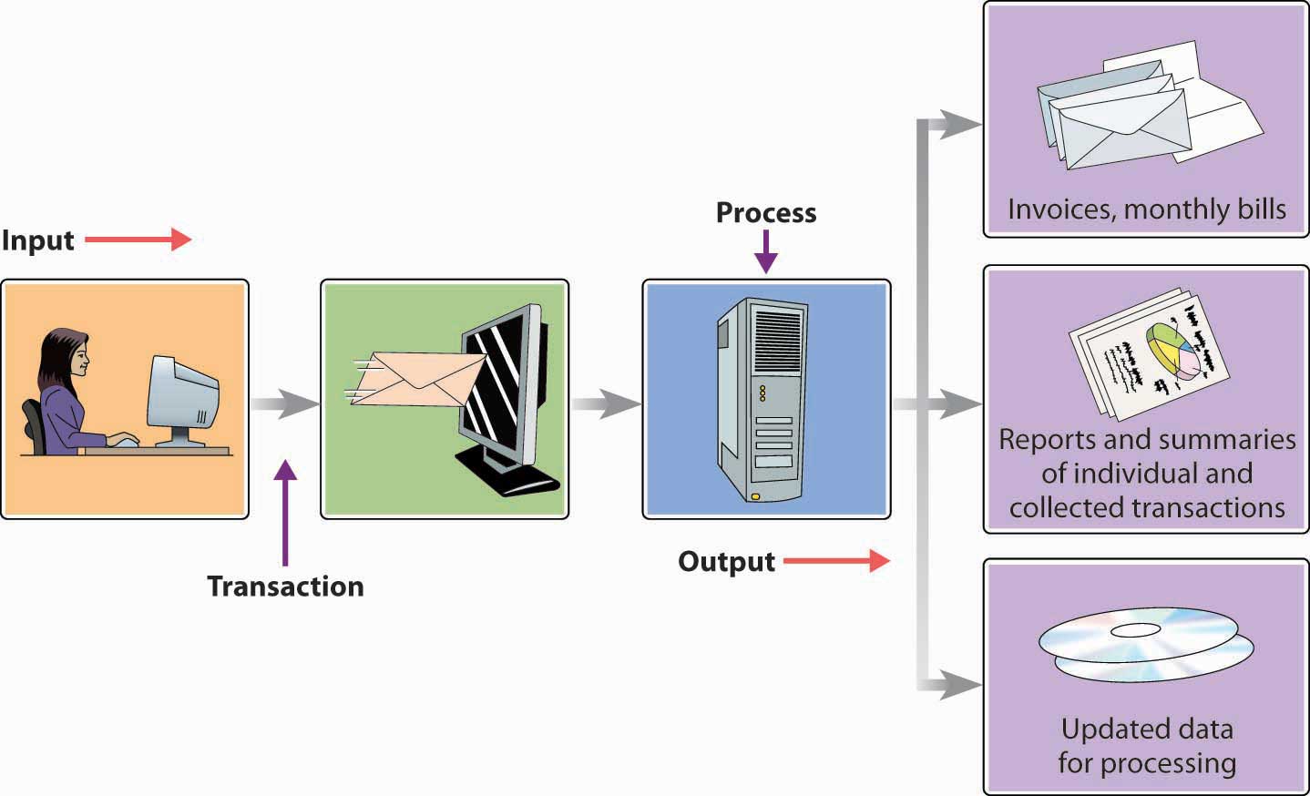 Transaction Processing System. Output: Invoices, monthly bills; Reports and summaries of individual and collected transactions; Updated data for processing.