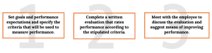 Three textboxes horizontally. From left to right: 1) Set goals and performance expectations and specify the criteria that will be used to measure performance. 2) Complete a written evaluation that rates performance according to the stipulated criteria. 3) Meet with the employee to discuss the evaluation and suggest means of improving performance.