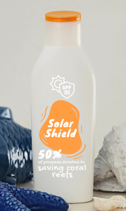 White bottle of sunscreen with orange accents reads "Solar Shield, 50% of proceeds donated to saving coral reefs"