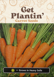 Seed packet with image of carrots and the words "Get Plantin' Carrot Seeds"