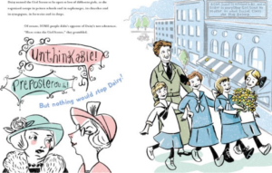 The book cover for Here Come the Girl Scouts!: The Amazing All True Story of Juliette ‘Daisy’ Gordon Low and Her Great Adventure