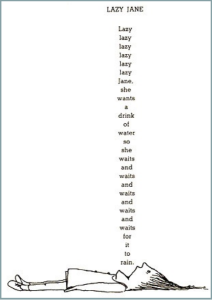 An excerpt from Where the Sidewalk Ends with a drawing of a girl laying on the ground with a poem seemingly coming from her mouth.